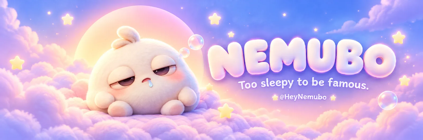 NEMUBO sitting on pastel clouds beneath the words NEMUBO — Too sleepy to be famous