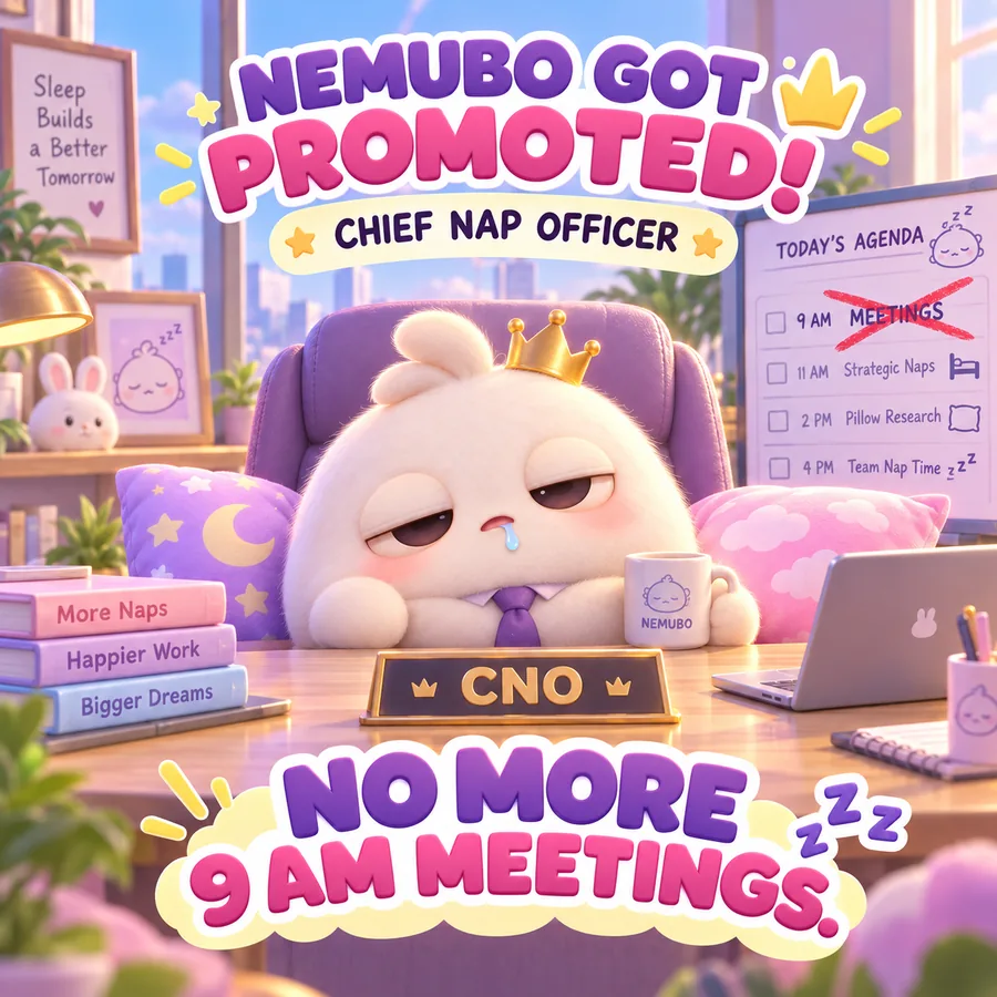 NEMUBO as Chief Nap Officer at a pastel office, canceling 9 AM meetings